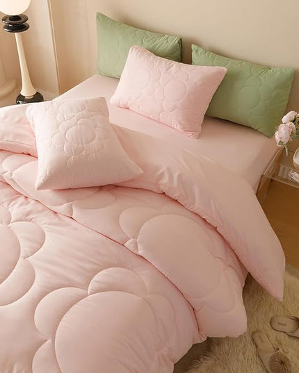 CLOTHKNOW Pink Queen Comforter Set 3Pcs Daisy Puff Bedding Comforter Sets Soft Floral Queen Comforter Pink Comforter with 2 x Pillow Cases