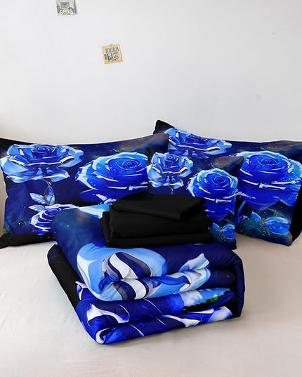 Merryword 8 Pcs Bed in a Bag Blue Rose Comforter Set Queen Size Rose Flower Bedding Set Romantic Love Valentine Bedding Comforter Set