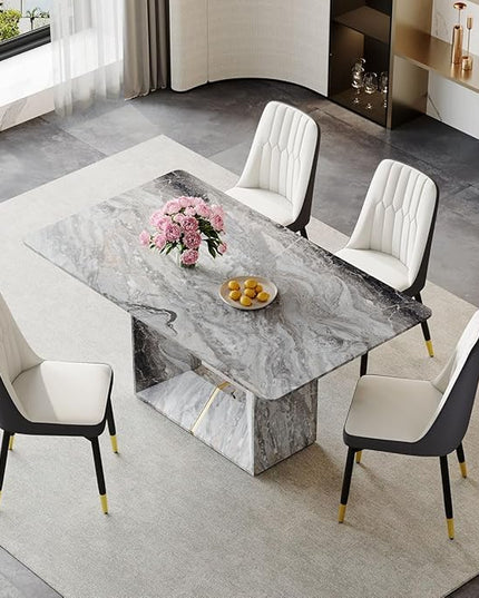 Dinner Table Set for 4, 5 Piece Dining Table Set with Chairs, 63" Faux Marble Modern Table with 4 PU Leather Upholstered Chairs, for Kitchen & Dining Room