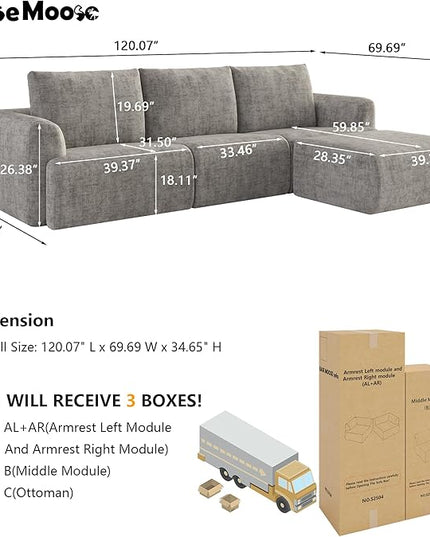 EASE MOOSE Sectional Cloud Couch for Living Room, L-Shaped Modular Boneless Sofa, Modern Cloud Sofa with Fluffy Foam, Oversized 4-Seater Deep Sofas with Ottoman for Apartment, Chenille (Light Grey)