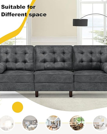 84 Inches Suede Leather Couch with Bolster Pillows, Comfy 3 Seater Sofa with Tufted Back Cushions, Modern Couch with Sturdy Legs for Living Room, Office, Bedroom, Grey
