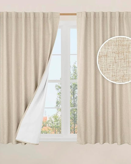 LAMIT Full Blackout Window Curtains for Bedroom, 54 Inches Thermal Farmhouse Curtains Back Tab and Rod Pocket Privacy Protected Burlap Panels with White Liner, 2 Panels, 52 x 54 Inch, Linen