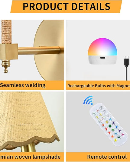Boho Battery Operated Wall Sconce Set of 2, Medium Wireless Rechargeable Wall Lights with Rattan Shade, 12 RGB and 3CCT Dimmable Cordless Wall Lamps with Remote for Living Room