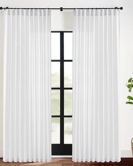 White Curtains 70 Inch Wide by 84 Long for 72 in Width Window,2 Panels Linen Cotton Back Tab Hooks Pleated Light Filtering Semi Privacy Extra Wide Sheer Curtains for Bedroom Living Room,70x84 Length