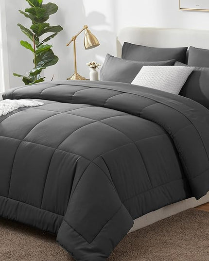 CozyLux Twin XL Comforter Set Dark Grey, 5 Pieces Twin Extra Long Bed in a Bag for College Dorm, All Season Bedding Set with Stitch Quilted Comforter, Flat Sheet, Fitted Sheet, Pillowcases