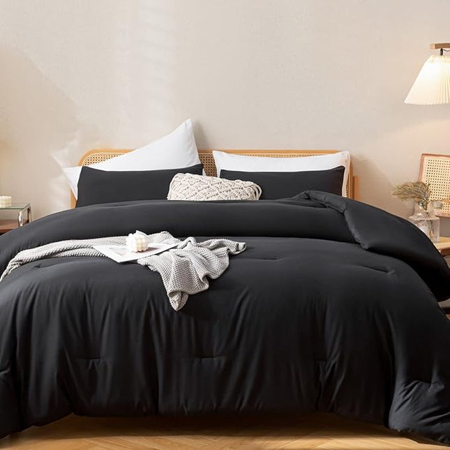 ROSGONIA Comforter Full Size Black for Girls Boys Teens, 3pcs (1 Boho Comforter & 2 Pillowcases), Lightweight Dorm Bedding Soft All Season Bed Set
