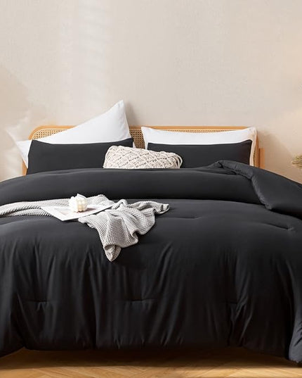 ROSGONIA King Size Comforter Set Black, 3pcs (1 Black Comforter & 2 Pillowcases), All Season Bedding Lightweight Bedspread Blanket Quilt Bed Set