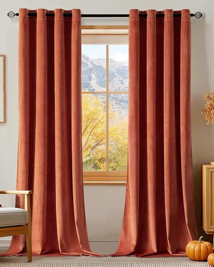 MIULEE 96 Inch Length Velvet Curtains for Fall Elegant Long Grommet Burnt Orange Thermal Insulated Soundproof Room Darkening Rust Terracotta Black Out Drapes for Living Room Bedroom Decor Set of 2