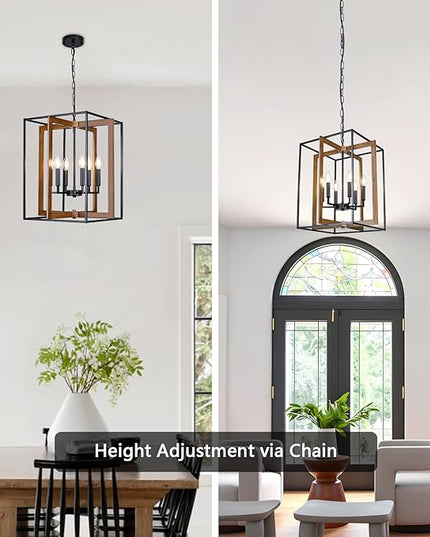 6-Light Rustic Farmhouse Chandelier for Dining Room, 20.6'' Modern Farmhouse Faux Wood Black Chandeliers, Adjustable Metal Lantern Hanging Light Fixture for Foyer, Kitchen, Entryway, Hallway