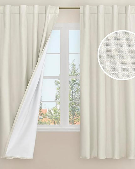 LAMIT Natural 100% Blackout Linen Curtains, 63 Inches Linen Textured Thermal Bedroom Curtains Back Tab and Rod Pocket Neutral Panels with White Liner for Farmhouse, 2 Panels, 38 x 63 Inch, Ivory