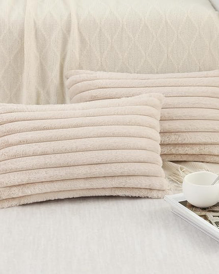 Pallene Faux Fur Plush Lumbar Throw Pillow Covers 12x20 Set of 2, Luxury Soft Fluffy Striped Decorative Pillow Covers for Sofa, Couch, Living Room, Apricot
