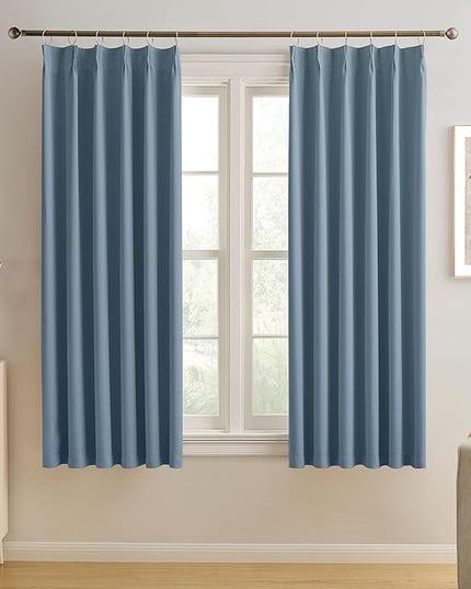KEQIAOSUOCAI Dusty Slate Blue Blackout Curtains for Boys Bedroom, Pinch Pleat with Hooks, Room Darkening Block Out Curtain 63 Inches Long 2 Panels, 40 by 63 Inch Dark Steel Blue