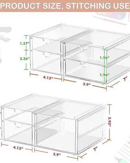 2 Pack Desk Organizers, Makeup Organizer Storage with 7 Drawers, Desktop Office Supplies, Clear Desk Accessories, Dustproof Drawer Organizer and Storage for Make Up, Jewelry, Pen