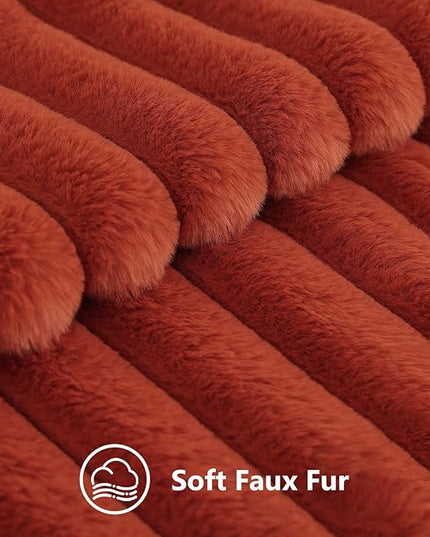 decorUhome Faux Fur Spring Throw Pillow Covers 26x26 Set of 2, Decorative Soft Plush Striped Neutral Couch Euro Pillow Covers with Velvet Back for Sofa, Bed, Living Room Home Decor, Rust