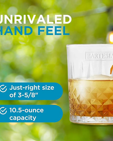 Bartesian Diamond Etched Lowball Glasses - 10.5 Oz Short Low Ball Glass Set for Cocktails & Mocktails - Classy Home Bar Glassware for Bourbon, Whiskey Sour, Old Fashioned, Mint Julep - Set of 2