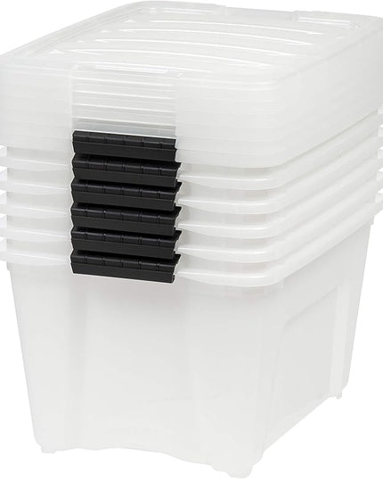 IRIS USA 32 Qt Stackable Plastic Storage Bins with Lids, 6 Pack - BPA-Free, Made in USA - Discreet Organizing Solution, Latches, Durable Nestable Containers, Secure Pull Handle - Pearl