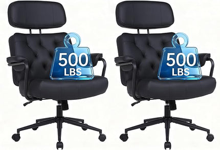 Big and Tall Office Chair 500LBS, Executive Office Chair for Heavy People, Heavy Duty Desk Chair Comfy, Computer Chair High Back PU Leather, Extra Wide Rocking Chair with Wheels Home Office, Black 2PC
