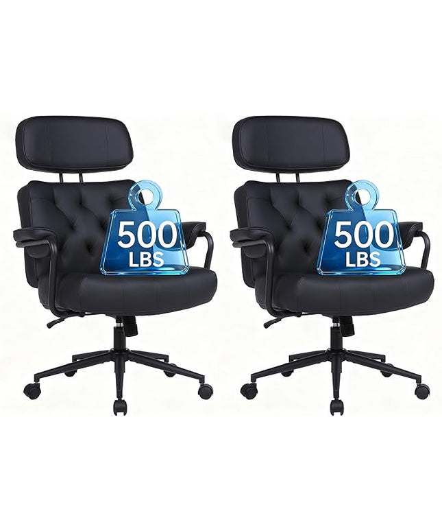 Big and Tall Office Chair 500LBS, Executive Office Chair for Heavy People, Heavy Duty Desk Chair Comfy, Computer Chair High Back PU Leather, Extra Wide Rocking Chair with Wheels Home Office, Black 2PC