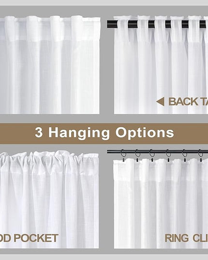 Pitalk White Sheer Curtains 80 Inch Length for Living Room 2 Panel Back Tab Rod Pocket Rustic Modern Farmhouse Semi Privacy Linen Drapes Pleated Curtain for Bedroom Playroom Wide 52x80 Long Curtains