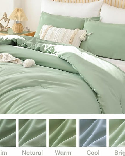 ROSGONIA Queen Comforter Set Sage Green, 3pcs Bedding Sets Queen (1 Boho Sage Comforter& 2 Pillowcases), All Season Lightweight Blanket Quilt