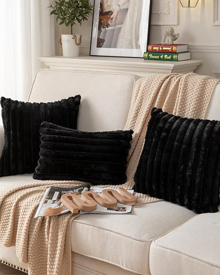 DEELAND Pack of 2,Double-Sided Faux Fur Plush Decorative Throw Pillow Covers Fuzzy Striped Soft Pillowcase Cushion Covers for Sofa Couch Bedroom Black 24x24 inch