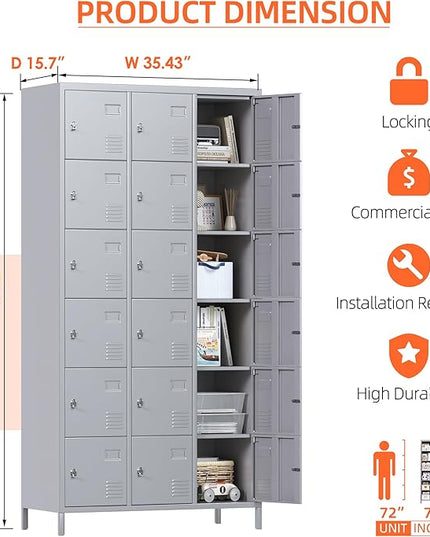 Aobabo 18 Doors Metal Storage Locker for Employees, Storage Locker for School Office Gym Bedroom, Grey, Assembly Required
