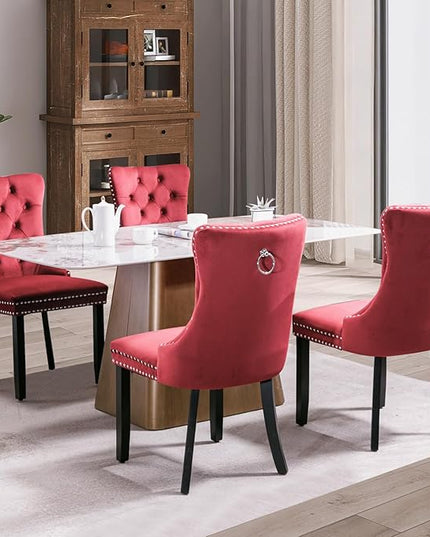 SoarFlash Velvet Dining Chair Set of 4, Upholstered Tufted Dining Room Chair with Nailhead Trim and Solid Wood Leg for Kitchen (Wine Red)