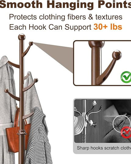 Wooden Coat Rack Freestanding, Coat Racks with 7 Hooks, Coat Tree Freestanding Heavy Duty with Stable Sphere Base, Load 210 lb, Coat Hanger Stand for Entryway, Hallway, Bedroom