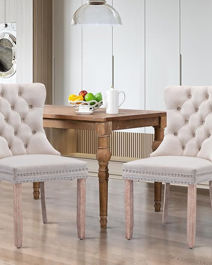 SoarFlash Velvet Dining Chairs Set of 2, Tall Back Side Chair, Modern Upholstered High-end Tufted Side Chair with Button Back Ring, Solid Wood Legs (Beige)
