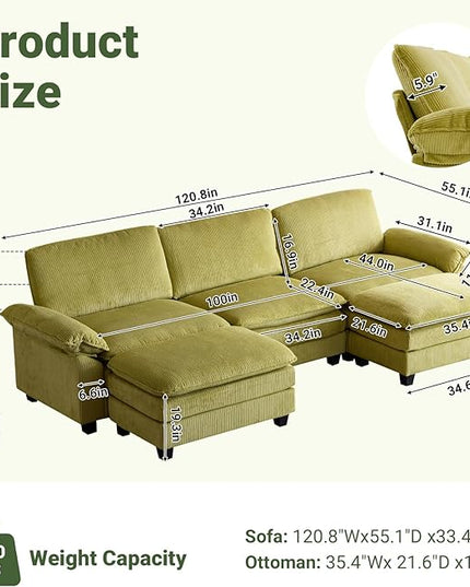 VINGLI 121" L Shape Sectional Couch, Convertible Sectional Couch for Small Living Room,Modern 3-Seat Convertible Loveseat Sofa with 2 Ottoman in Corduroy,Olive Green