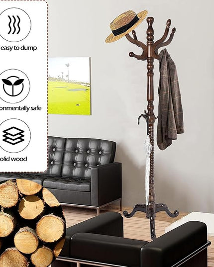 Coat Racks Free Standing with 14 Hooks, Natural Wood Coat Stands for Entryway, Adjustable Height 73 in Tree Coat Rack Stand for Hallway Home Office Bedroom (Dark Brown Triangle)