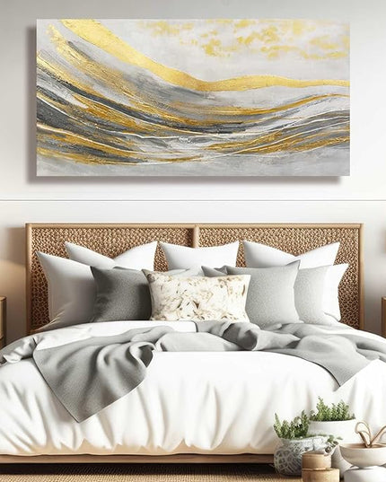 Artexist Abstract Line Wall Art Prints, Gold & Grey, 24"x48" Large Canvas Wall Pictures for Living Room, Bedroom, Office Decor