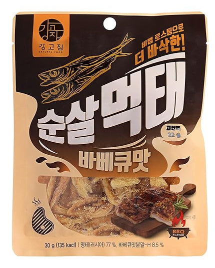 Kanggojip Roasted Boneless Dried Pollack Korean Meoktae, 먹태, BBQ Flavor Seasoning, Bite Sized, Ready to Eat, Great for Parties, Camping, Travel, or as a Snack or Bar Food_1.05oz (30g)