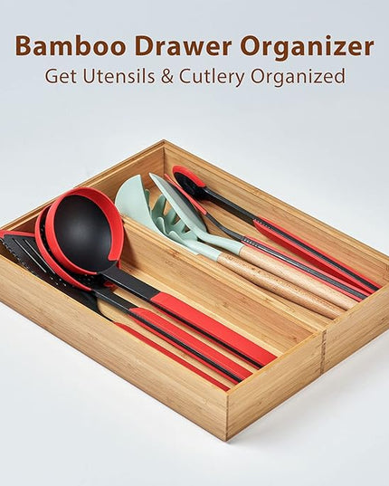 Umilife Bamboo Kitchen Drawer Organizer Boxes with Anti-Skid Silicone Feet, 2pcs Stackable Storage Bins for Kitchen Utensils & Silverware & Desk Drawer & Makeup, Tools Holder, 15”L x 6”W x 2.5”D Each