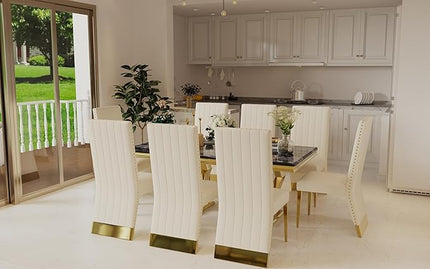 5 Piece Dining Table Set for 4, 78 inch Gold Dining Room Table Set with 4 White Leather Dining Chairs