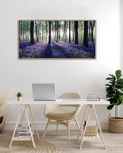 yearainn Framed Lavender Forest Wall Art – Purple Lavender Field with Sunlight through Trees Canvas Picture, Nature Landscape Painting Artwork for Home Wall Decor, Natural Wood Frame, 24" x 48"