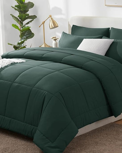 CozyLux King Size Comforter Set Forest Green, 7 Pieces Bed in a Bag, Green Comforter King Size, All Season Bedding Sets with Stitch Quilted Comforter, Flat Sheet, Fitted Sheet, Pillowcases
