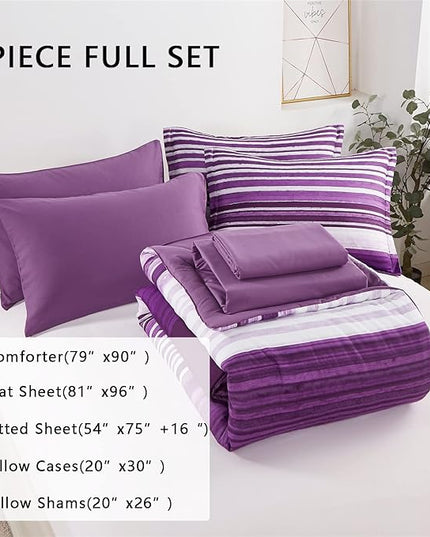 KAKIJUMN 7 Piece Bed in a Bag Stripe Comforter Set Full Size, White and Purple Patchwork Striped Comforter and Sheet Set, All Season Soft Microfiber Complete Bedding Sets(Purple,Full)