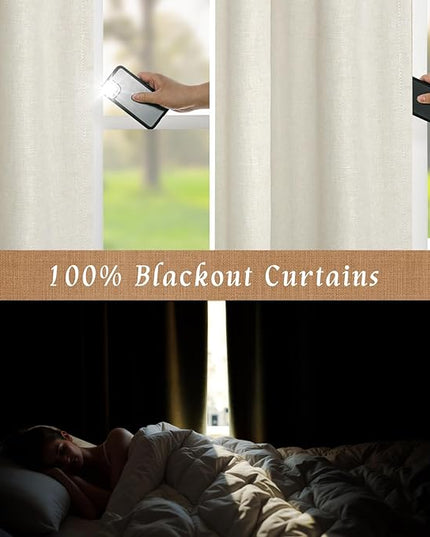 LAMIT Natural 100% Blackout Linen Curtains, 63 Inches Linen Textured Thermal Bedroom Curtains Back Tab and Rod Pocket Neutral Panels with White Liner for Farmhouse, 2 Panels, 38 x 63 Inch, Ivory
