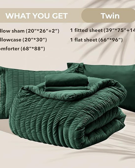 HYMOKEGE Emerald Green Twin Comforter Set Seersucker 5 Pieces, All Season Luxury Bed in a Bag for Bedroom, Bedding Set with Comforter, Sheets, Pillowcase & Sham