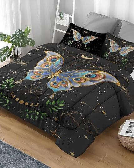 Comforter Set Full Size, Gothic Butterfly Moon Soft 3 Pcs Bedding for Kids and Adults Botanical Plant Leaf Comforter Set with 2 Pillowcases for Bedroom Bed Decor