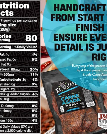 El Jefe Carne Asada 7oz Beef Jerky - Authentic Mexican Style Slab Jerky Handcrafted in Small Batches for a Bold Hispanic Flavor