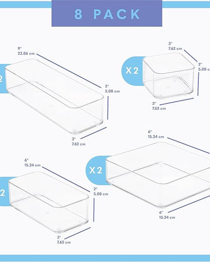 primebox Eight Piecs. Plastic Clear Drawer Organizers for Bathroom, Kitchen, Bedroom, Office Organizer Bins, Storage Trays. Heavy Duty, Stackable 4 Sizes