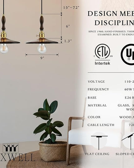 Modern Amber Glass Pendant Light, 9"x7.3" Wide Disc-Shaped Hanging Fixture with Wood & Brass Detail, 15"-72" Adjustable Line, E26 Socket – Golden Amber Disc