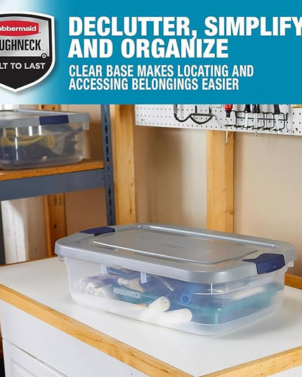 Rubbermaid Roughneck Clear 31 Qt/ 7.75 Gal Storage Containers, Pack of 6 with Snap-Fit Grey Lids, Visible Base, Sturdy and Stackable, Great for Storage and Organization