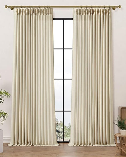 Linen Memory Trained Shaped 96 Inches Long Pinch Pleated Curtains for Living Room, Light Filtering Privacy for Bedroom Cream Beige Elegant Curtain Thick Fabric 8 ft Length 2 Panels Set 40" x 96"
