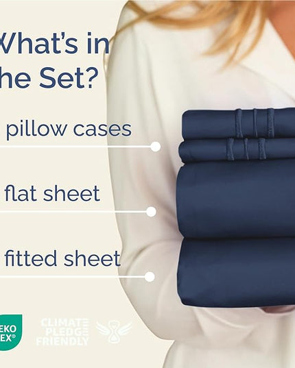 Full Size 4 Piece Sheet Set - Comfy Breathable & Cooling Bed Sheets Set - Hotel Luxury Bedding for Women, Men, Kids, Teens, Boys & Girls - Deep Pockets, Ultra-Soft, Wrinkle Free - Oeko-Tex - Navy Blue