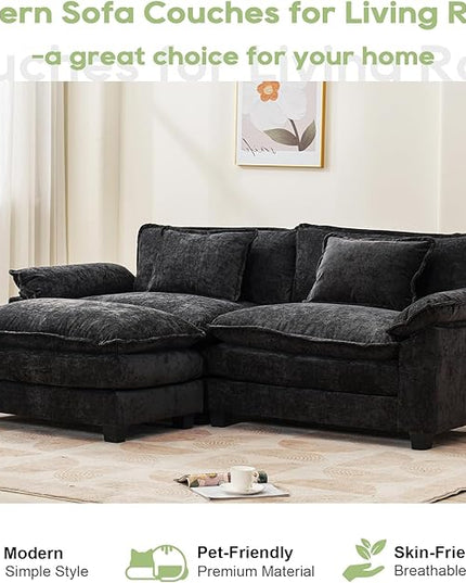 86" Modular Sectional Sofa, Comfy Cloud Couch Sectional Sofa with Ottoman, Chenille Sofa Sleeper Deep Seat Sofa with Throw Pillows for Living Room (Black, 86"- L Shape)