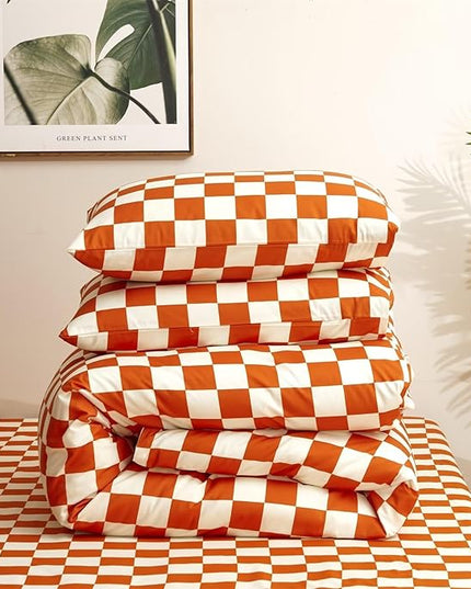 Houseri Burnt Orange Plaid Comforter Set White and Bedding Sets Twin Rust Grid Buffalo Checkered Kids Terracotta Gingham Size, Twin(68''*90''-Comforter)