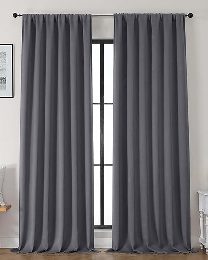 Gwine Charcoal Grey Blackout Curtains for Bedroom 96 Inch Length, Room Darkening Energy Saving Black Out Curtains for Living Room, Window Treatment Drapes with Rod Pocket, Each 50" Wx96 L, 2PC